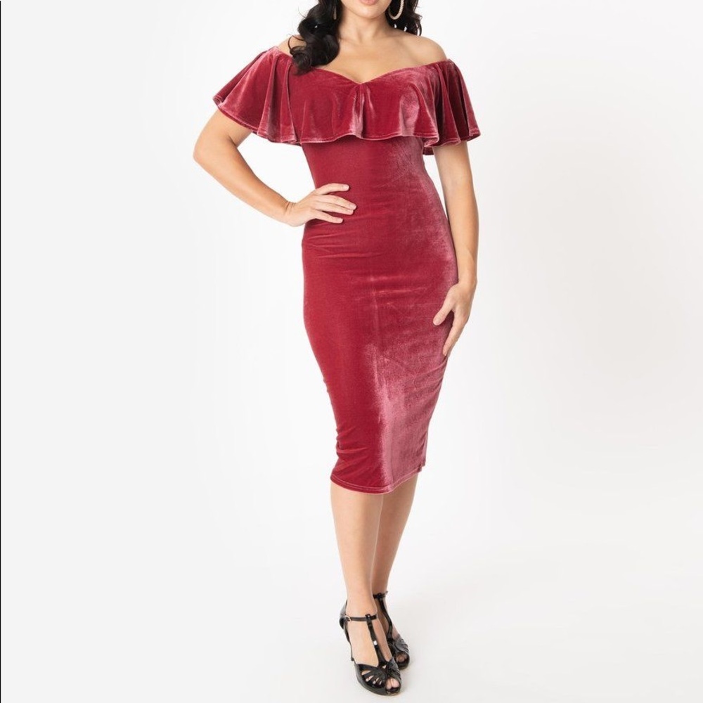 Unique Vintage Rose Velvet Wiggle Dress XL 14